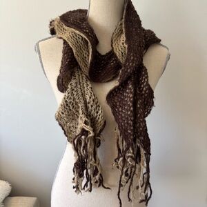 Hand Crocheted Open Knit Scarf, Two-tone Brown/Tan w/ fringe!